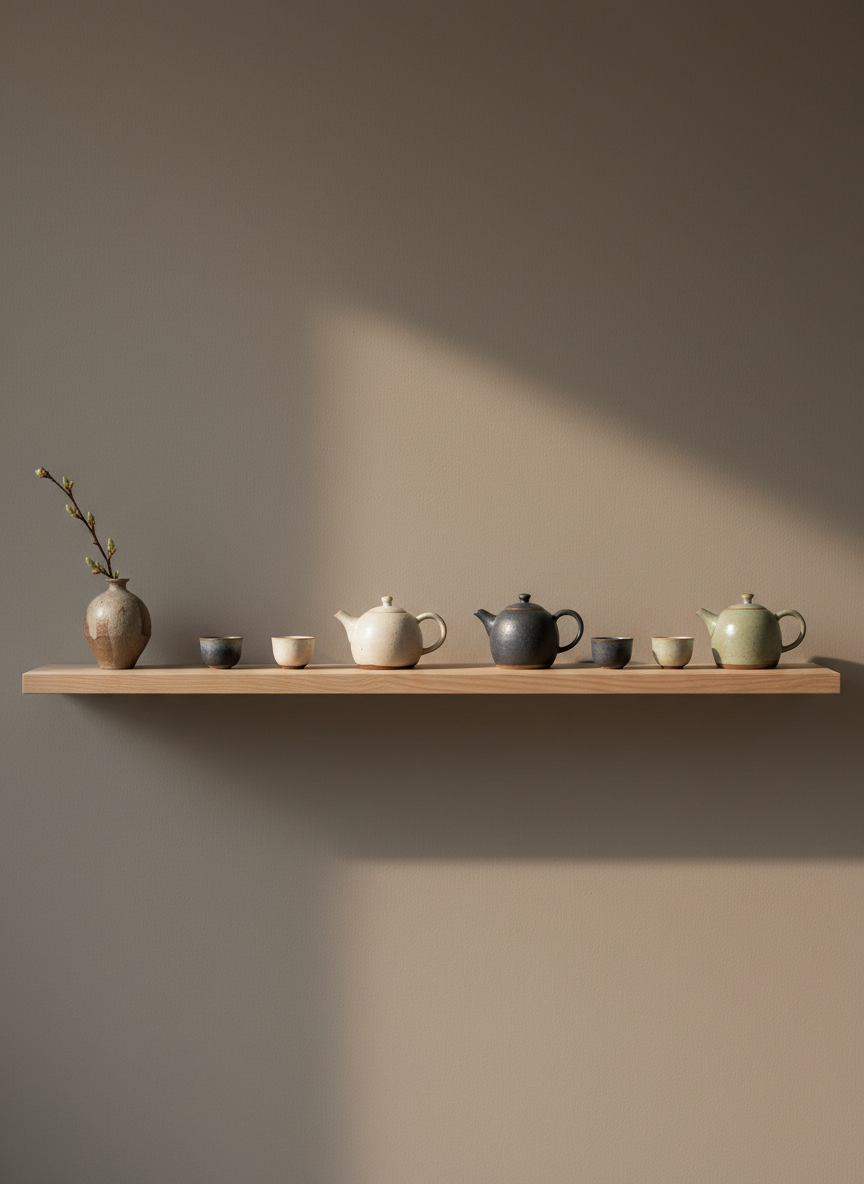 A narrow wooden tea shelf in pale ash wood, floating against a muted, warm-gray wall, holding a precisely curated collection of small ceramic teapots and cups in soft ivory, slate, and dusty sage glazes. Each vessel has a distinct, handcrafted texture—slight irregularities, faint speckles, and matte finishes—arranged with generous negative space between them. A single, thin branch in a simple clay vase anchors one end of the shelf. Gentle, warm-toned side lighting from the right creates elongated, feather-soft shadows on the wall, emphasizing shape and simplicity. Captured at eye level with a moderate depth of field, the background softens just enough to enhance focus on the objects. The mood is sophisticated, contemplative, and minimal, evoking a gallery-like atmosphere devoted to the quiet art of tea.