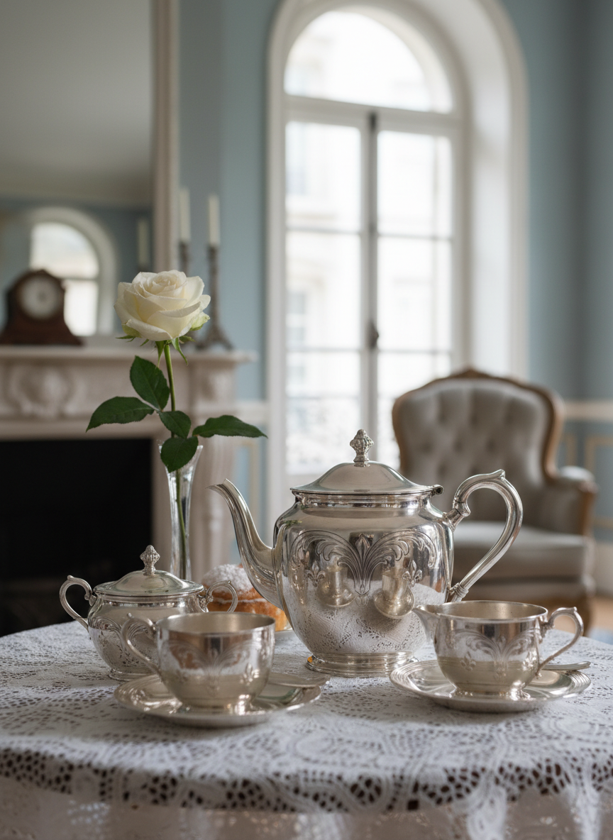 a modest, silver Parisian tea set, serene and elegant atmosphere